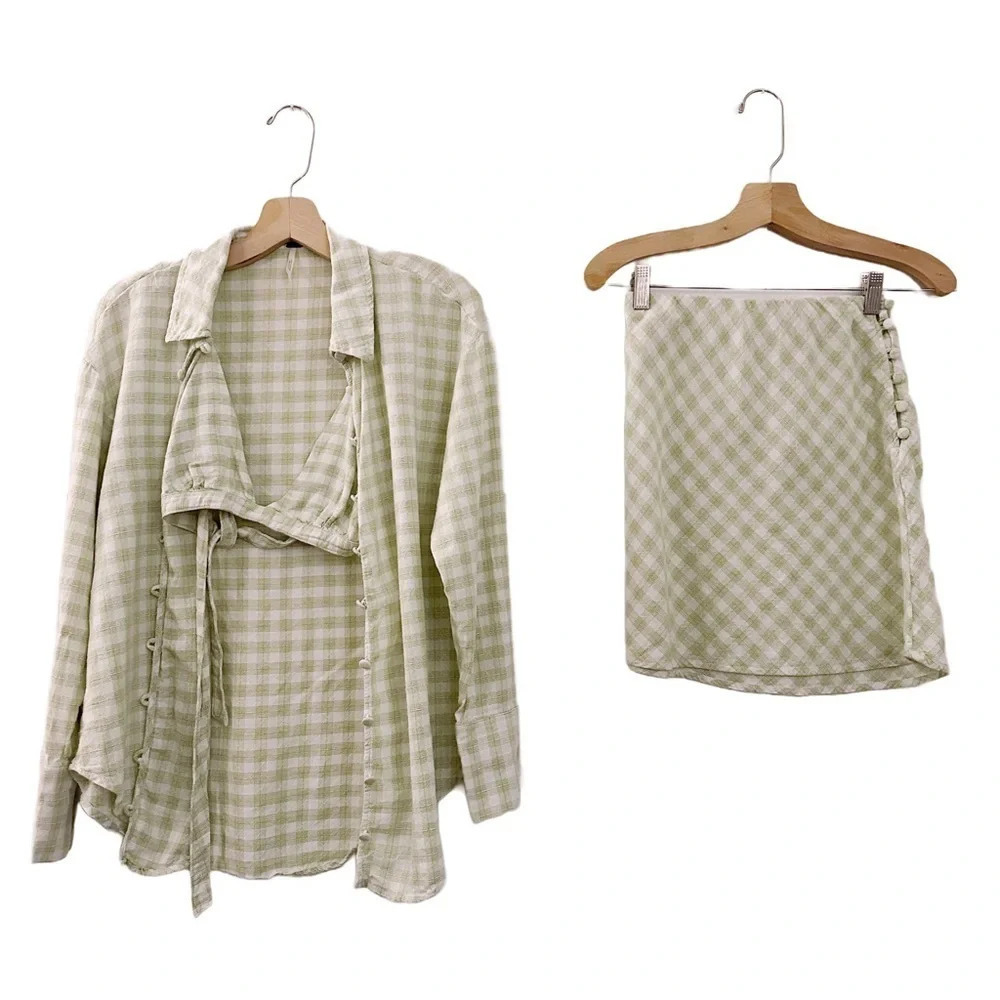 Free People Gingham Set 3 Piece Shirt Bra Skirt Cottage Core Festival Outfit